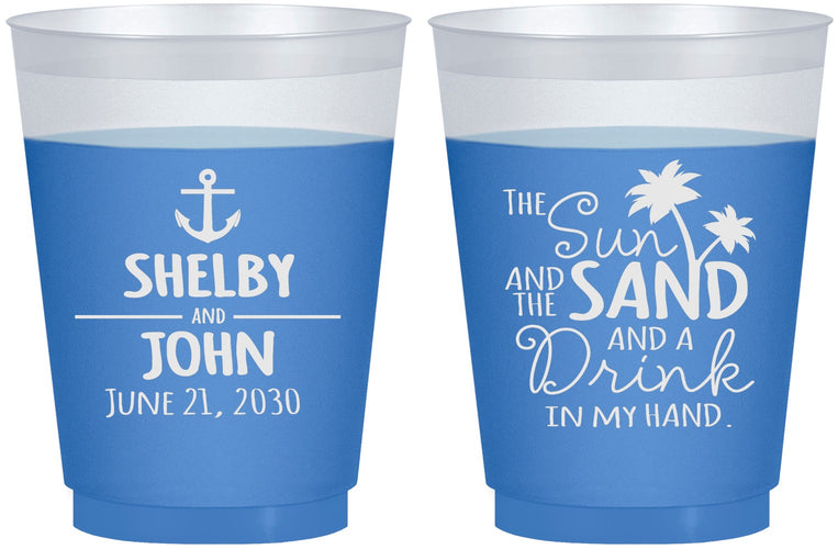 Custom Wedding 16 oz Color Changing Frosted Cups - Sun Sand Drink In My Hand | 233