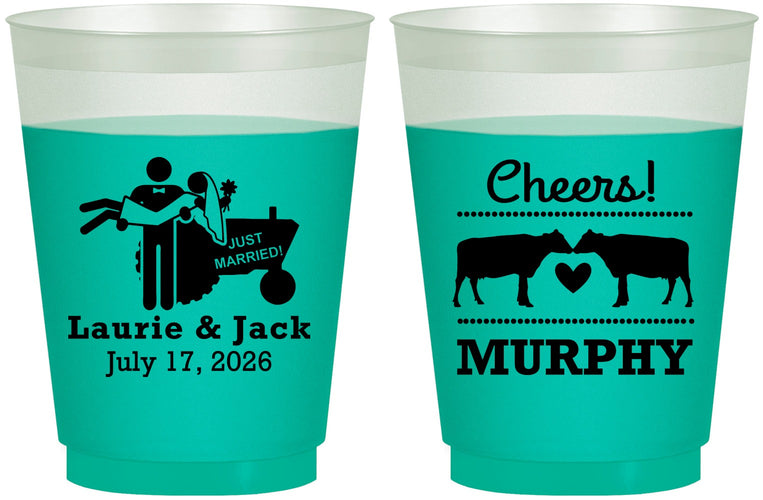 Custom Wedding 16 oz Color Changing Frosted Cups - Tractor Cows | 257