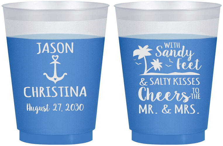 Custom Wedding 16 oz Color Changing Frosted Cups - Sandy Feet Salty Kisses | 290