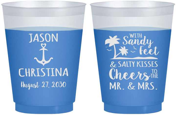 Custom Wedding 16 oz Color Changing Frosted Cups - Sandy Feet Salty Kisses | 290