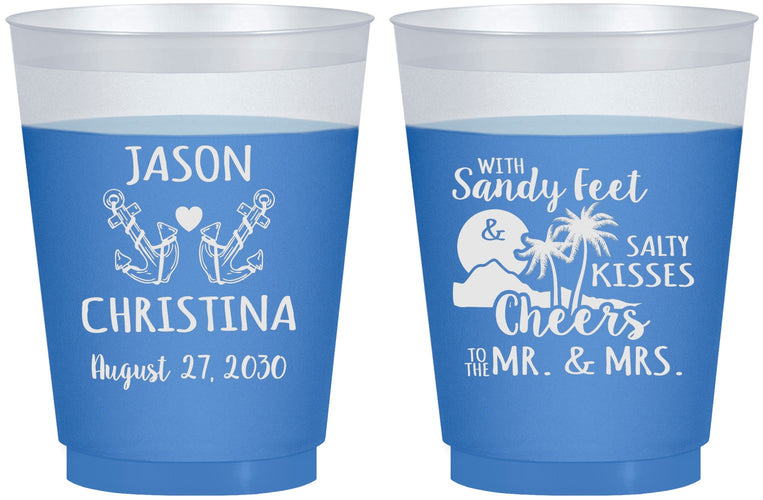 Custom Wedding 16 oz Color Changing Frosted Cups - Sandy Feet Salty Kisses | 291