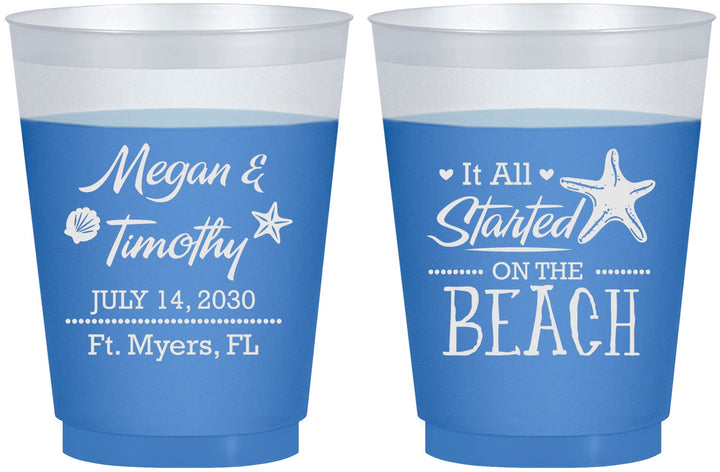 Custom Wedding 16 oz Color Changing Frosted Cups - Started On The Beach | 295