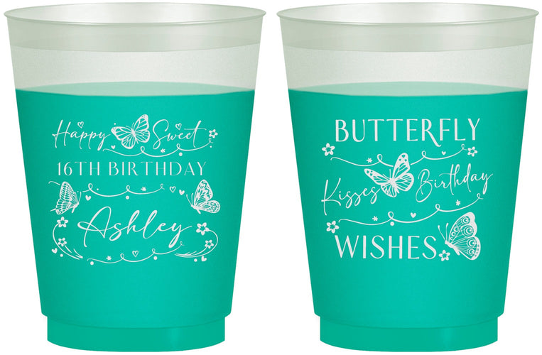 Custom 16th Birthday 16 oz Color Changing Frosted Cups - Butterfly Wishes | 300001