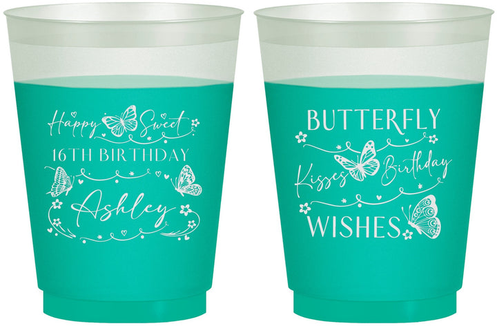 Custom 16th Birthday 16 oz Color Changing Frosted Cups - Butterfly Wishes | 300001