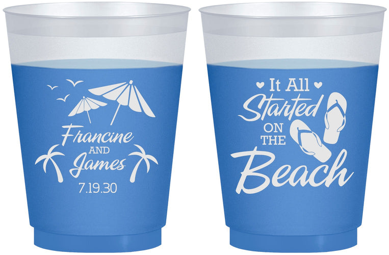 Custom Wedding 16 oz Color Changing Frosted Cups - Started On The Beach | 310