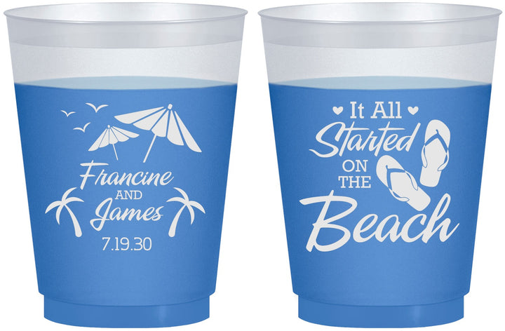 Custom Wedding 16 oz Color Changing Frosted Cups - Started On The Beach | 310