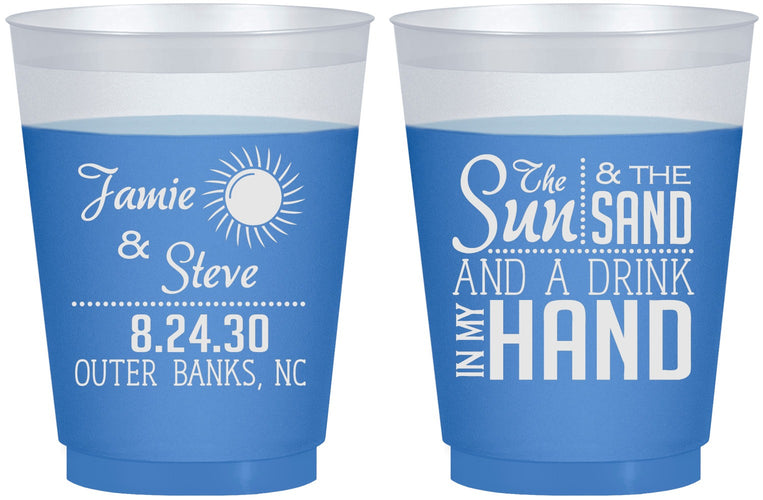 Custom Wedding 16 oz Color Changing Frosted Cups - Sun Sand Drink In My Hand | 319