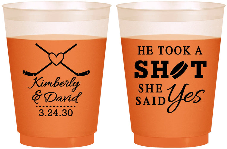Custom Wedding 16 oz Color Changing Frosted Cups - Took A Shot Hockey | 323