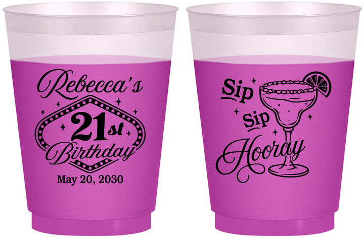 Custom 21st Birthday 16 oz Color Changing Frosted Cups - Sip Sip Hooray Vegas | 340006