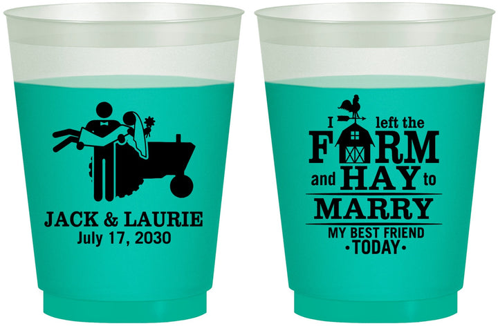 Custom Wedding 16 oz Color Changing Frosted Cups - Left The Farm Tractor | 347