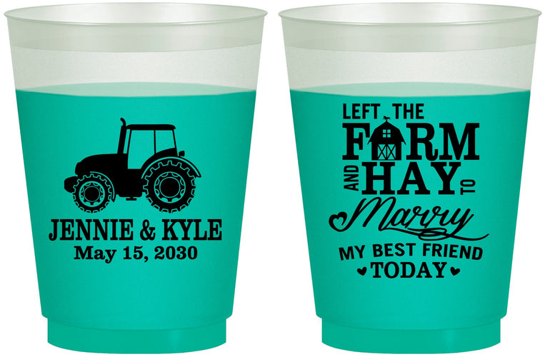 Custom Wedding 16 oz Color Changing Frosted Cups - Left The Farm Tractor | 351