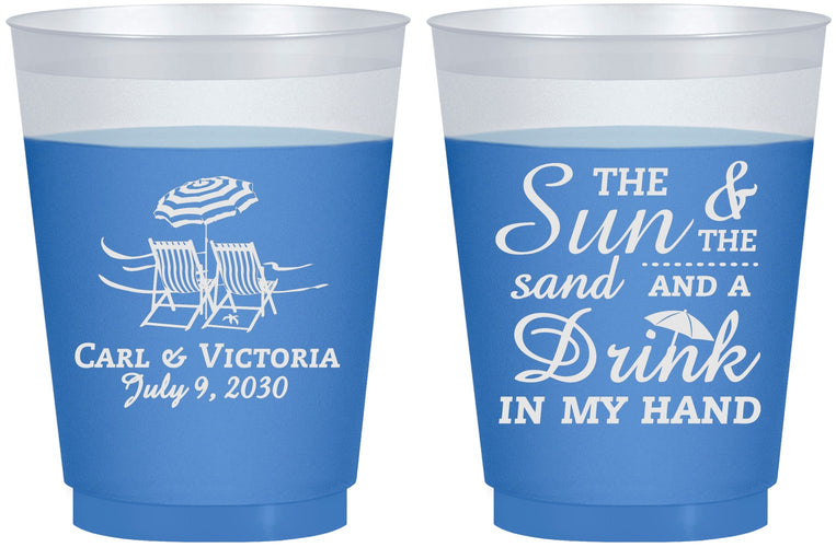 Custom Wedding 16 oz Color Changing Frosted Cups - Sun Sand Drink In My Hand | 353