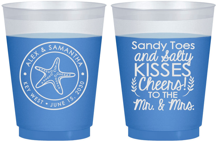 Custom Wedding 16 oz Color Changing Frosted Cups - Sandy Feet Salty Kisses | 355