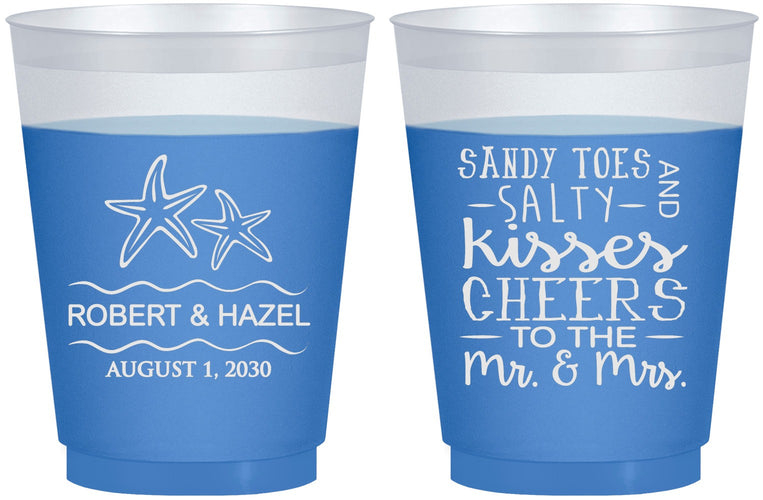 Custom Wedding 16 oz Color Changing Frosted Cups - Sandy Feet Salty Kisses | 356