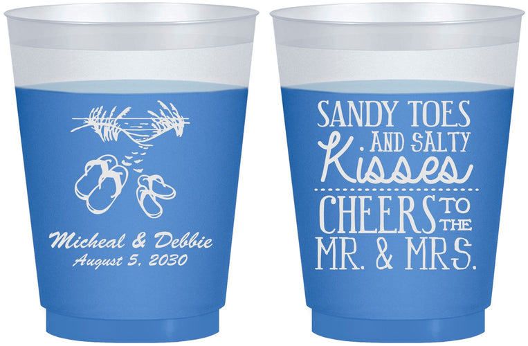 Custom Wedding 16 oz Color Changing Frosted Cups - Sandy Feet Salty Kisses | 357