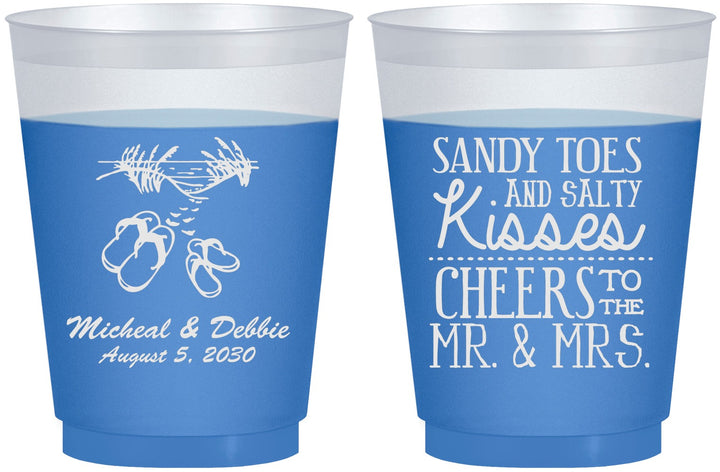 Custom Wedding 16 oz Color Changing Frosted Cups - Sandy Feet Salty Kisses | 357