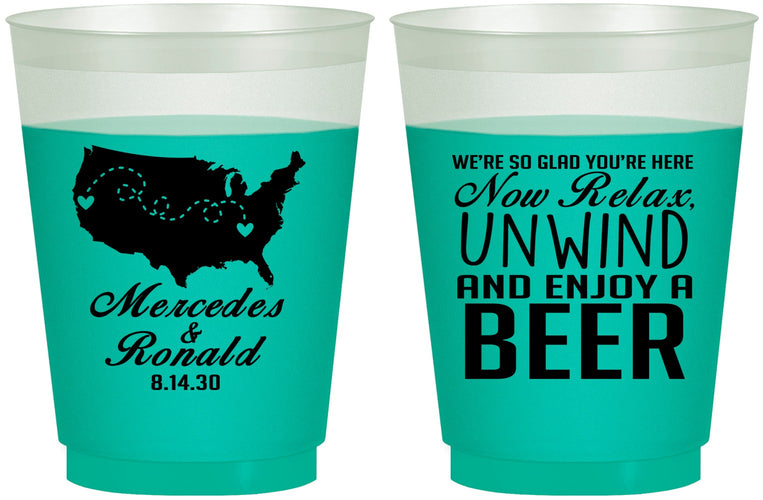 Custom Wedding 16 oz Color Changing Frosted Cups - Relax Unwind Enjoy Beer | 360
