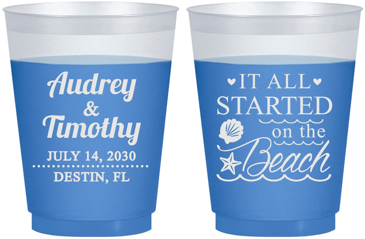 Custom Wedding 16 oz Color Changing Frosted Cups - Started On The Beach | 361