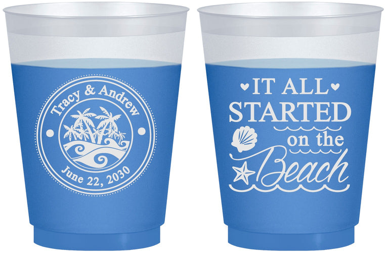 Custom Wedding 16 oz Color Changing Frosted Cups - Started On The Beach | 362