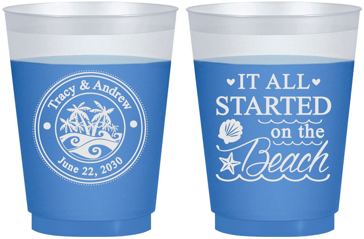 Custom Wedding 16 oz Color Changing Frosted Cups - Started On The Beach | 362