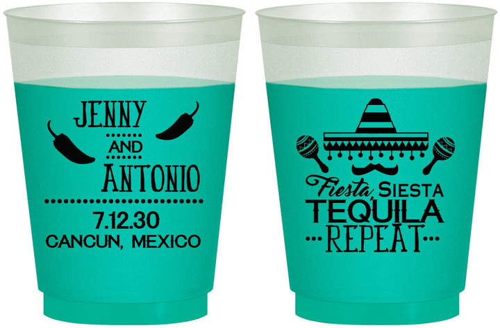 Custom Wedding 16 oz Color Changing Frosted Cups - Fiesta Siesta Tequila Repeat | 369