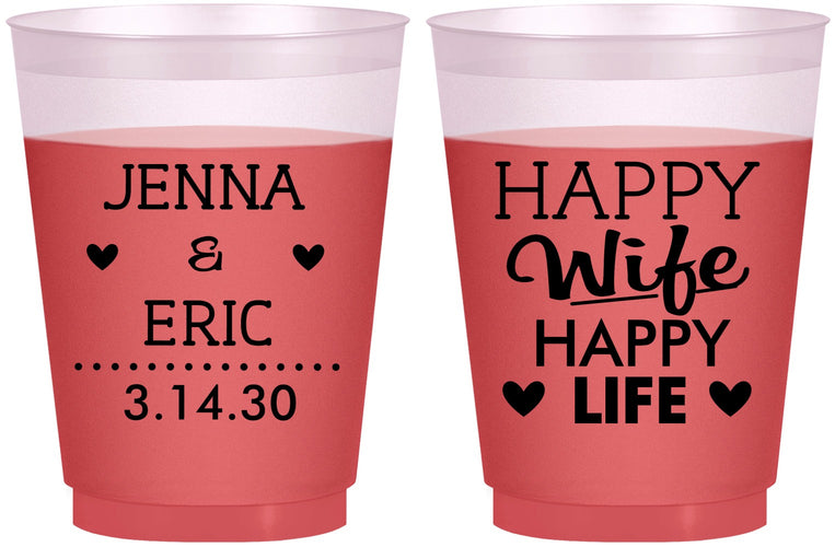 Custom Wedding 16 oz Color Changing Frosted Cups - Happy Wife Happy Life | 393