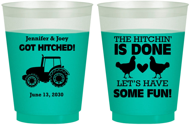 Custom Wedding 16 oz Color Changing Frosted Cups - Got Hitched Tractor | 397