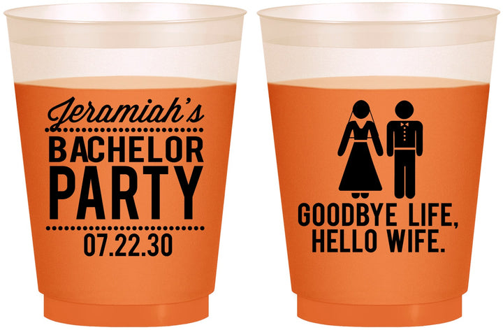 Custom Bachelor Party 16 oz Color Changing Frosted Cups - Goodbye Life Hello Wife | 40019