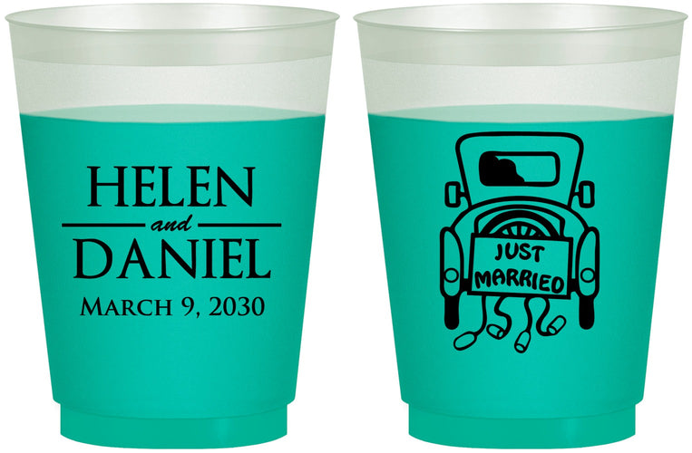 Custom Wedding 16 oz Color Changing Frosted Cups - Just Married Old Car | 413