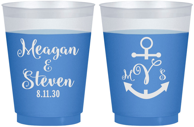 Custom Wedding 16 oz Color Changing Frosted Cups - Monogram Nautical | 414