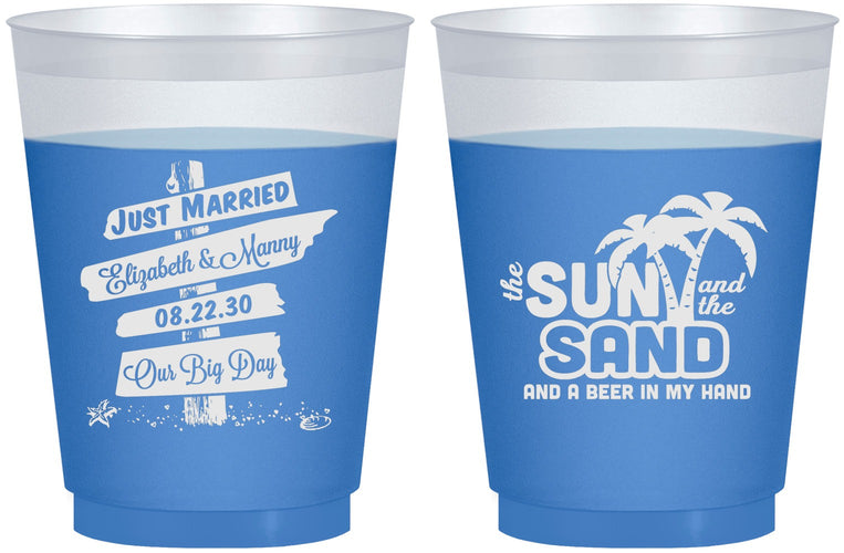 Custom Wedding 16 oz Color Changing Frosted Cups - Sun Sand Drink In My Hand | 416