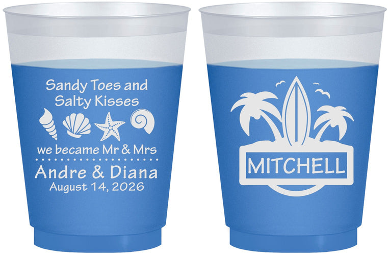 Custom Wedding 16 oz Color Changing Frosted Cups - Sandy Toes Salty Kisses | 419
