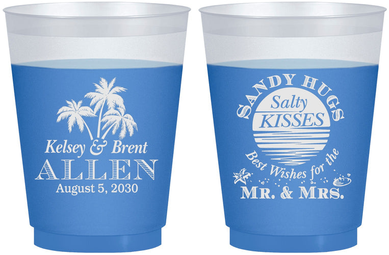 Custom Wedding 16 oz Color Changing Frosted Cups - Sandy Hugs Salty Kisses | 425
