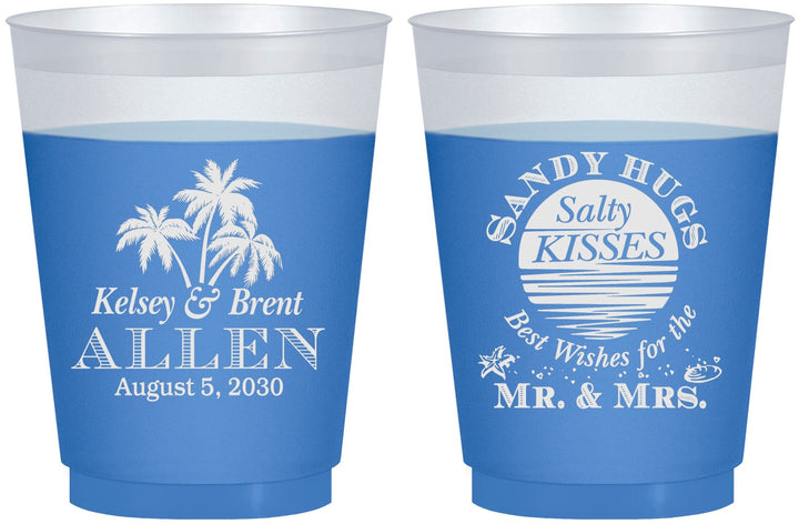 Custom Wedding 16 oz Color Changing Frosted Cups - Sandy Hugs Salty Kisses | 425