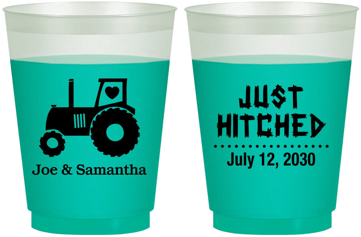 Custom Wedding 16 oz Color Changing Frosted Cups - Just Hitched Tractor | 429