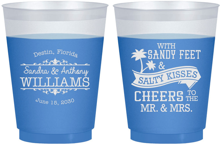 Custom Wedding 16 oz Color Changing Frosted Cups - Sandy Feet Salty Kisses | 434