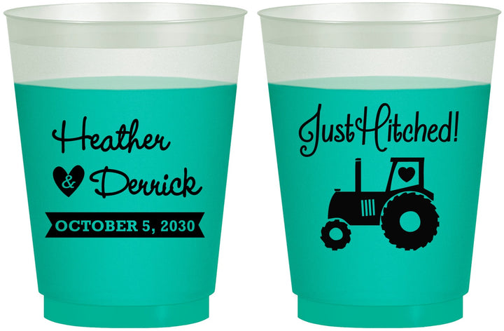 Custom Wedding 16 oz Color Changing Frosted Cups - Just Hitched Tractor | 482