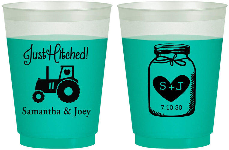 Custom Wedding 16 oz Color Changing Frosted Cups - Just Hitched Mason Jar | 483