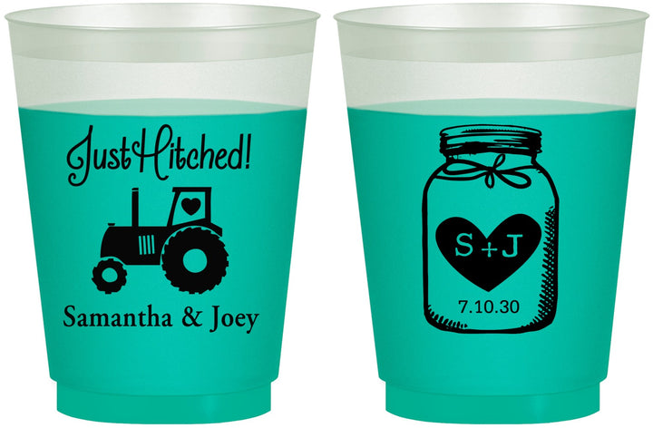 Custom Wedding 16 oz Color Changing Frosted Cups - Just Hitched Mason Jar | 483