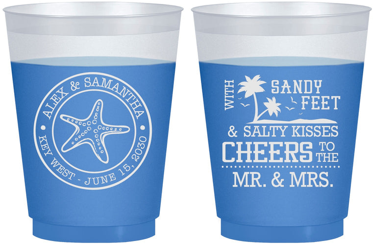 Custom Wedding 16 oz Color Changing Frosted Cups - Sandy Feet Salty Kisses | 488