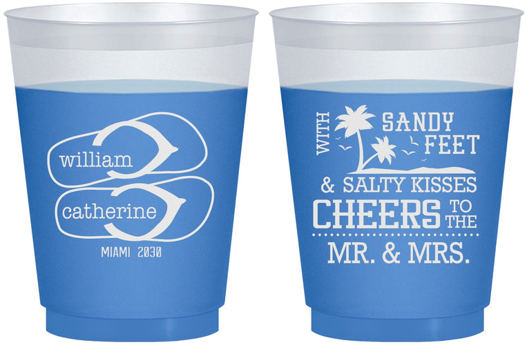 Custom Wedding 16 oz Color Changing Frosted Cups - Sandy Feet Salty Kisses | 490