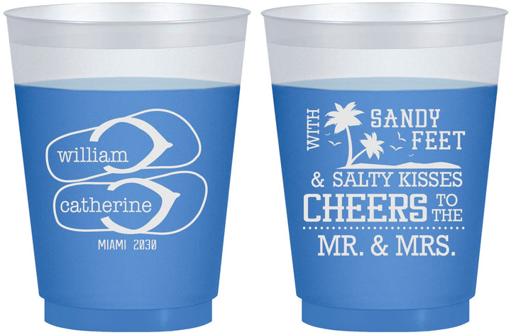 Custom Wedding 16 oz Color Changing Frosted Cups - Sandy Feet Salty Kisses | 490