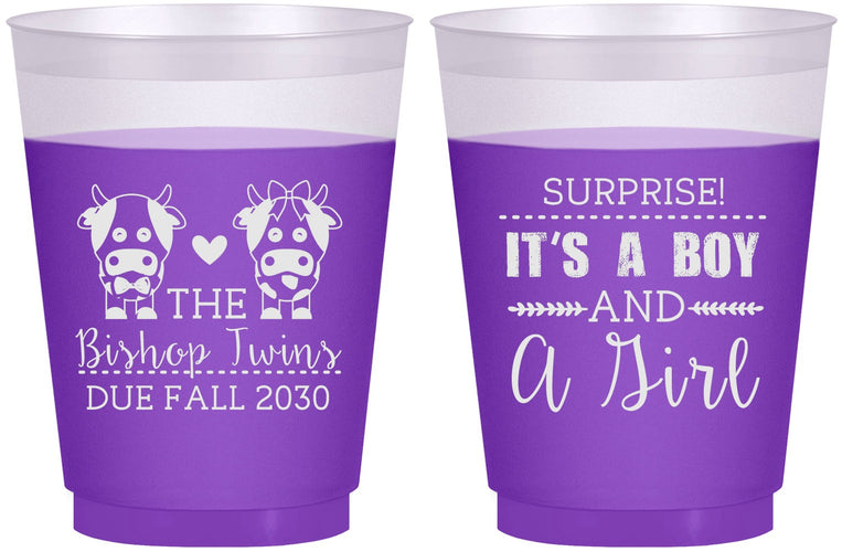 Custom Baby Shower 16 oz Color Changing Frosted Cups - Twins Baby Cows | 90067