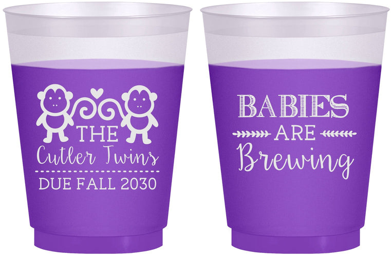 Custom Baby Shower 16 oz Color Changing Frosted Cups - Twins Baby Monkeys | 90068