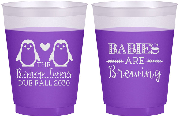 Custom Baby Shower 16 oz Color Changing Frosted Cups - Twins Baby Penguins | 90070