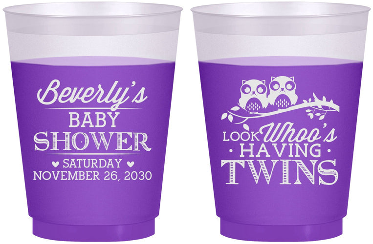 Custom Baby Shower 16 oz Color Changing Frosted Cups - Twins Baby Owls | 90074
