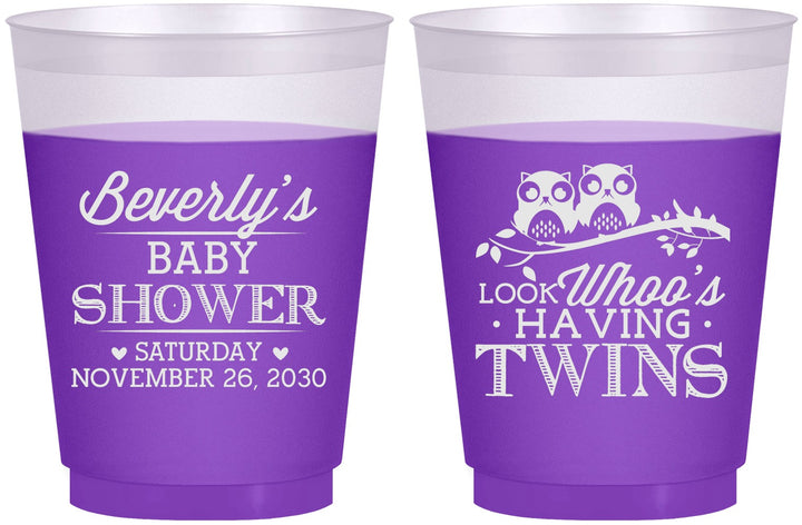 Custom Baby Shower 16 oz Color Changing Frosted Cups - Twins Baby Owls | 90074
