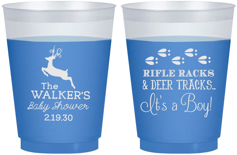 Custom Baby Shower 16 oz Color Changing Frosted Cups - Rifle Racks Deer Tracks | 90128