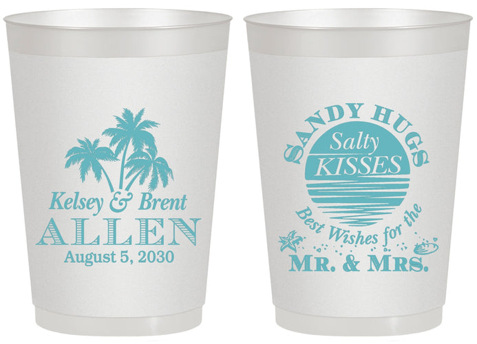 Personalized Wedding 20 oz Frosted Cups - Sandy Hugs Salty Kisses | 425