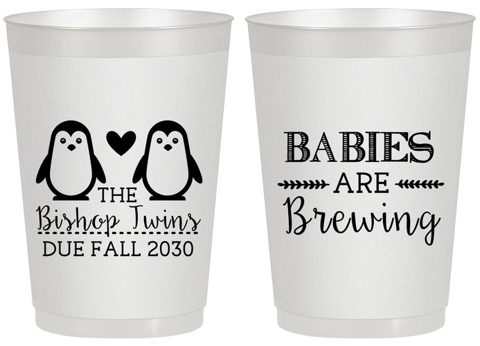 Personalized Baby Shower 20 oz Frosted Cups - Twins Baby Penguins | 90070